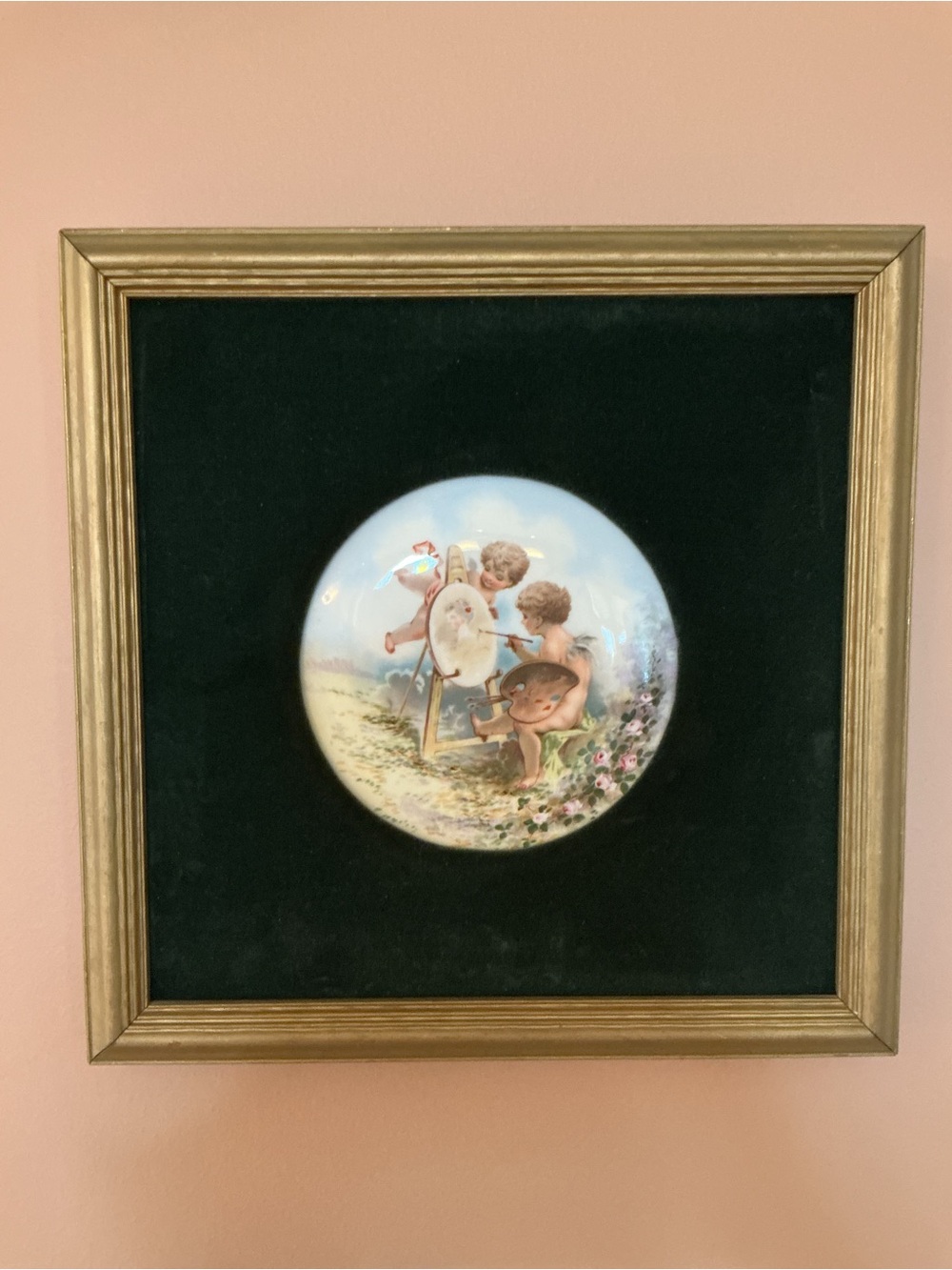 Antique Porcelain Cherubs Limoges Hand Painted Plaque 19th Century-Square Frame